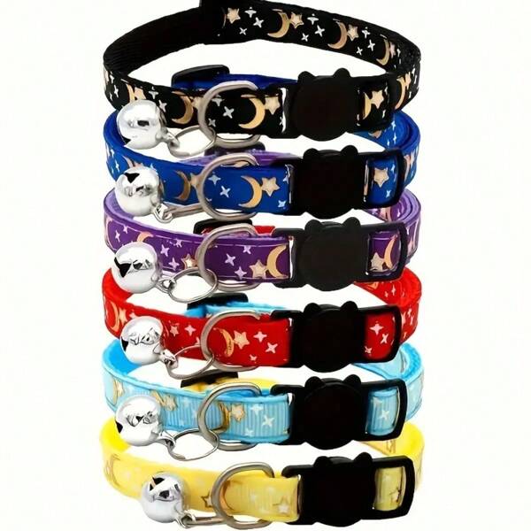 5pcs Random Star & Moon Pattern Pet Collar With Bell, Adjustable Dog Collar With Safety Buckle Pet Accessories