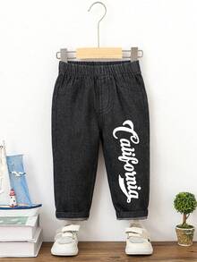 Baby Boy's Daily Casual Fashion Simple Street All-Match Classic Retro Style California Place Name Letter Print Black Jeans Spring, Summer, Autumn And Winter Style, Suitable For Outdoor Vacations, Back-To-School Commuting, And Social Gatherings