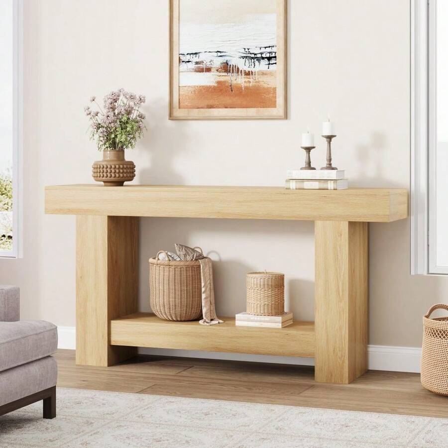 LIZHOUMIL 63 Inches Long Console Table For Entryway, 2-Tier Large Sofa Table With Storage, Wooden Entry Table For Living Room, Hallway - Khaki - View 1