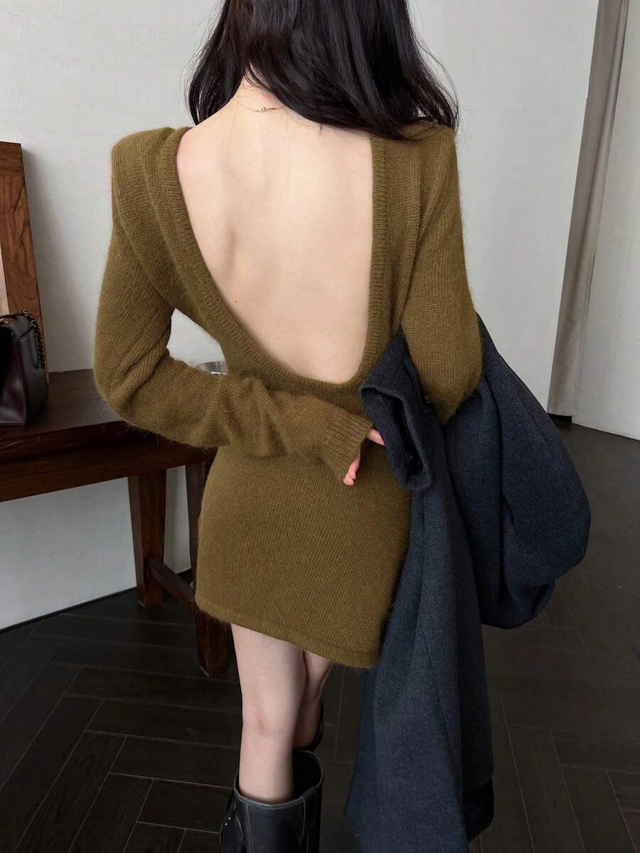 秋冬新款女士高端小腰收腰连衣裙 - 卡其色 - 查看 1