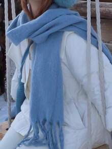 1 Piece Women Solid Color Women Scarf, Mohair Tassel Scarf, Winter Collegiate Style Warm Neck Scarf, Thick Knitted Tassel Shawl, Women Scarf In A Simple Style, Suitable For Outdoor Activities And Commuting. For Dress - Baby Pink - View 11