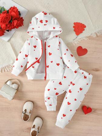 2 件套女婴心形印花连帽长袖夹克和松紧腰休闲裤套装，秋冬