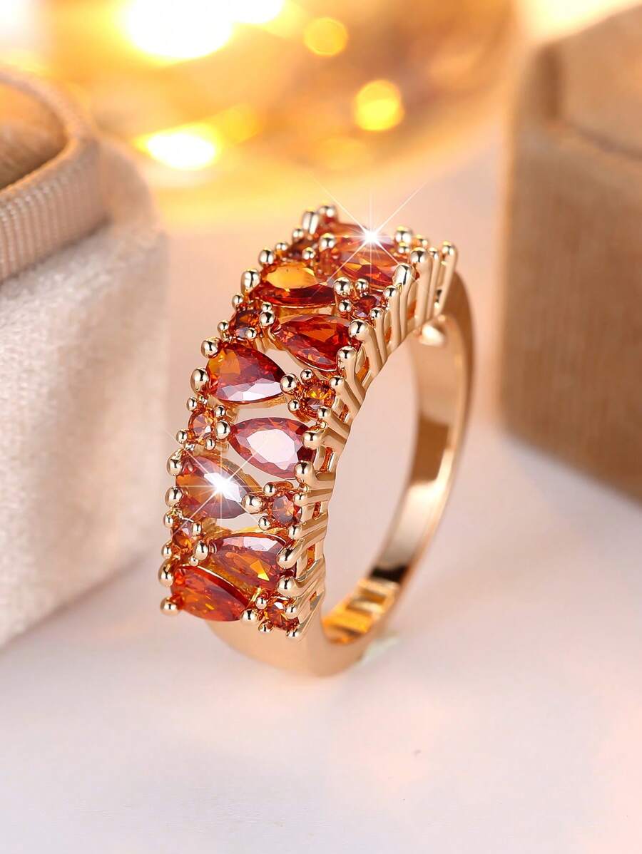 1pc Elegant Orange Teardrop Synthetic Champagne Gold Plated Ring For Women, Suitable For Halloween, Valentine's Day, New Year Party, Daily Wear, All Seasons