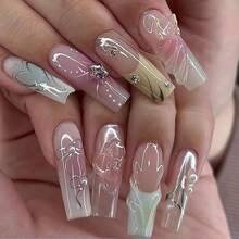 Long Coffin Press On Nails French Tip Fake Nails Ombre False Nails With 3D Butterfly Designs Pink Smudge Artificial Nails Glossy Glue On Nails Summer Stick On Nails For Women 24Pcs - 長款-C5C7 - 查看 1