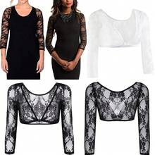 Women Summer Sexy Blouse, Lace Sheer Deep V-Neck Long-Sleeves Tight-Fitting Crop Top For Girls, Black/White - 黑色 - 查看 3
