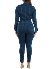 HERTALK Women Sexy Denim Buttons Lapel Full Length Jumpsuit Denim Overalls - 藍色 - 查看 2