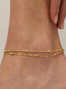 Nooxian 1pc Double Layer Anklet Jewelry For Women, Stainless Steel Beaded Wavy Chain, Waterproof Beach Vacation Everyday Accessory (Bead Quantity Random)