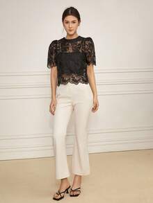 Women's Elegant Lace Cover Up With Puff Sleeves And Hollow-Out Design, Random Floral Pattern (Inner Wear Not Included, Wavy Hem Random Not Fixed) - Black - View 3