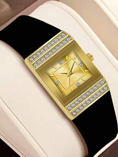 ساعة نسائية فاخرة مرصعة بالألماس، بسوار من السيليكون، مربعة الشكل، من علامة تجارية راقية، فاخرة وأنيقة وعتيقة، مناسبة للارتداء اليومي والمناسبات، هدية مثالية لعيد ميلاد أو مناسبات للنساء، تأتي مع علبة برتقالية للساعة.