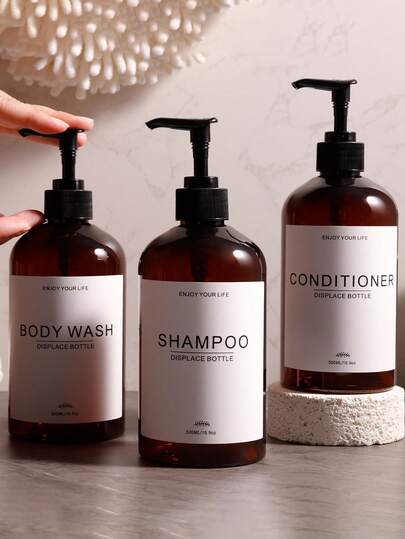 Shampoo Dispenser - Refillable Shampoo And Conditioner Bottles (Amber Color, Set Of 3, 17oz) - Modern Shampoo Bottles For Shower Soap - Empty Shampoo Conditioner Body Wash Dispenser Set - For Bathroom