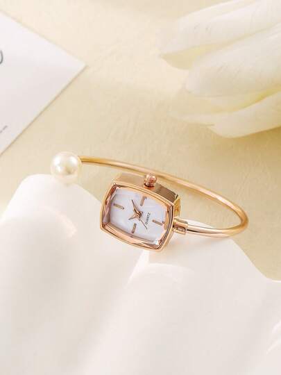 1 Piece Women's Rose Gold Multi-Element Elegant Square Quartz Watch, White Pearl Metal Bangle Watch, Simple Bar Scale Dial, Casual Vacation Styles Watch, Suitable For Daily Wear, Holiday Gifts, Birthday Gifts, Or Anniversary Gifts For Your Girlfriend