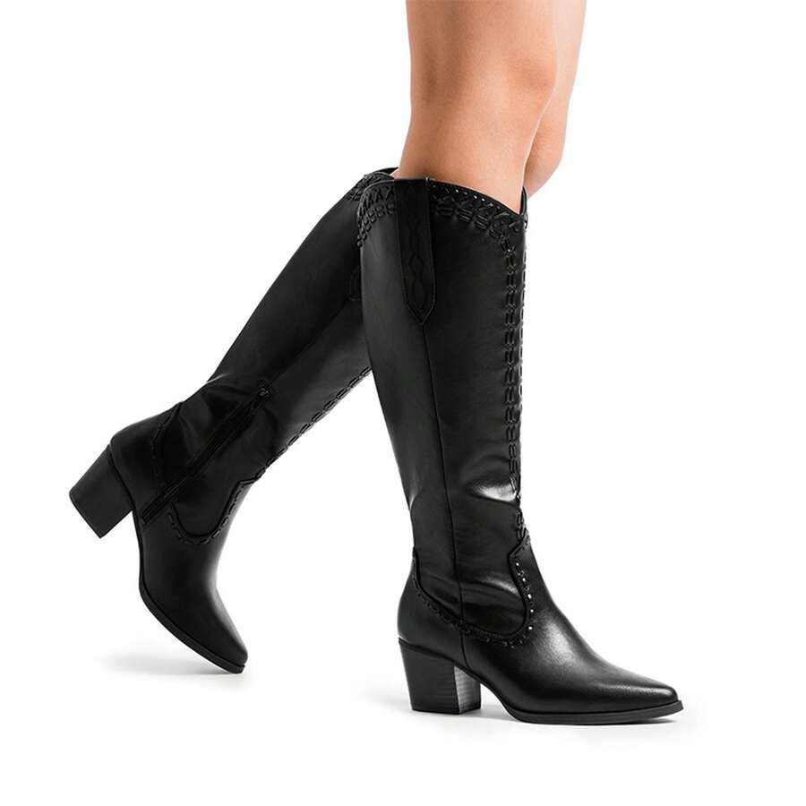 Women's Western Boots Pull On Zipper Chunky Heel Pointed Toe Outdoor Cowgirl Cowboy Knee High Boots - màu đen - Xem 1