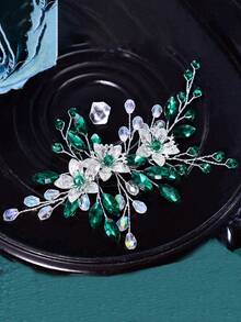 1pc Green Rhinestone Hair Clip, Bridal Headpiece, Wedding Party Hair Accessory, Gift, Spring/Summer Hair Decor - Green - View 8