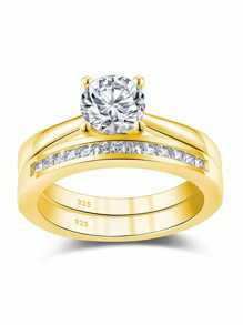 AIHUASI 2pcs/Set Elegant 925 Sterling Silver Yellow Gold Color Wedding Rings Bridal Set For Women 6.5*6.5mm 1.0 Carat Brilliant Dazzling Round Cut AAAAA Cubic Zirconia Solitaire Engagement Ring Fine Jewelry Valentines Gift - Yellow Gold - View 2