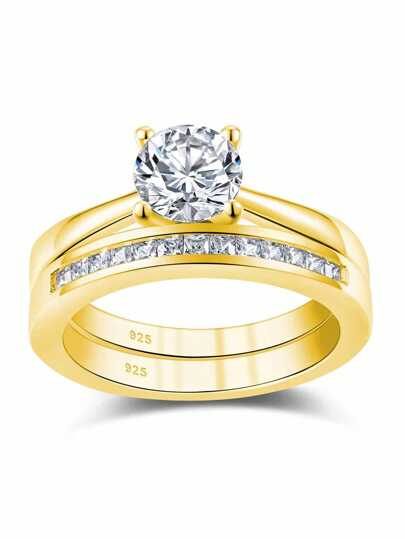 AIHUASI مجموعة خاتم زفاف أنيق من الفضة الإسترلينية بلون الذهب الأصفر 2 قطعة للنساء، قطر 6.5*6.5 مم، 1.0 قيراط، قطع دائري لامع من الأبيض الدرجة AAAAA، خاتم خطوبة مجوهرات فاخرة هدية عيد الحب