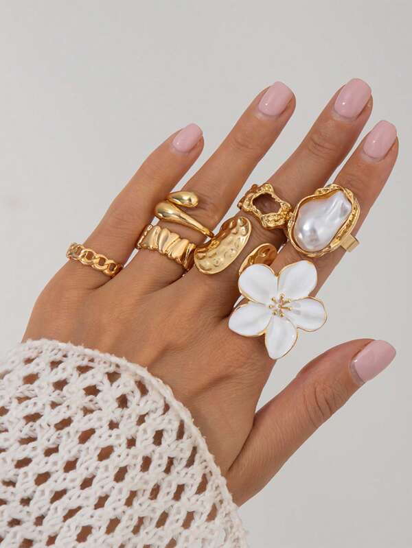 7/16pcs Vintage Metal Heart, Flower & Gemstone Decorated Ring Set, Women's Elegant Baroque Style Faux Pearl, Smooth, Lava Flower Rings, Suitable For Daily Wear, Parties, Holidays, Gifts, Multipurpose Fashion Accessory, Valentine's Day, Mother's Day Gift