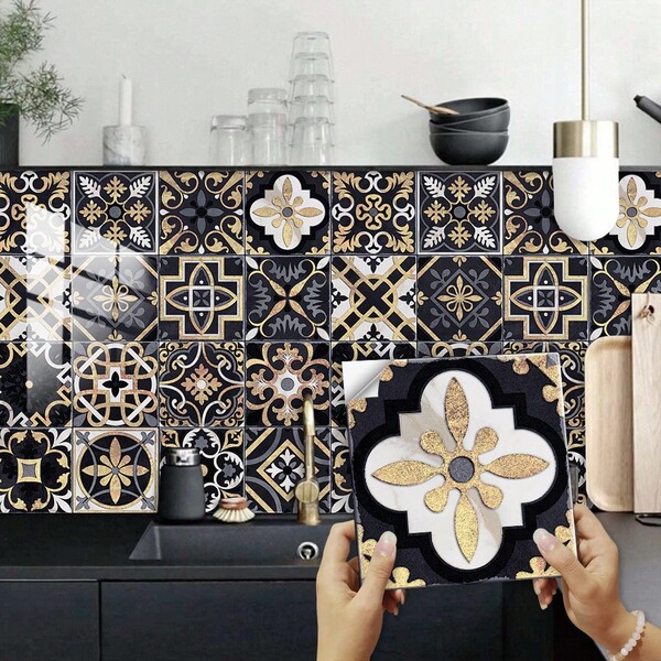 16pcs Peel And Stick Wallpaper, Vintage Black And Gold Mandala Pattern, Thick Crystal Hard Sheets, Self-Adhesive Removable, Suitable For Kitchen/Bathroom/Bedroom/Living Room Decor