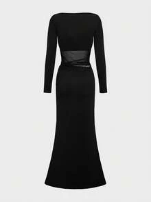 Glamful Sexy Party Date Y2K Sheer Mesh Patchwork Long Sleeve Dress, Black Sheer Mesh Long Sleeve Dress, Elegant Design - Black - View 8