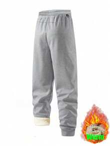 男士秋冬保暖内衬松紧腰运动裤，透气休闲慢跑裤 - 灰色 - 查看 3