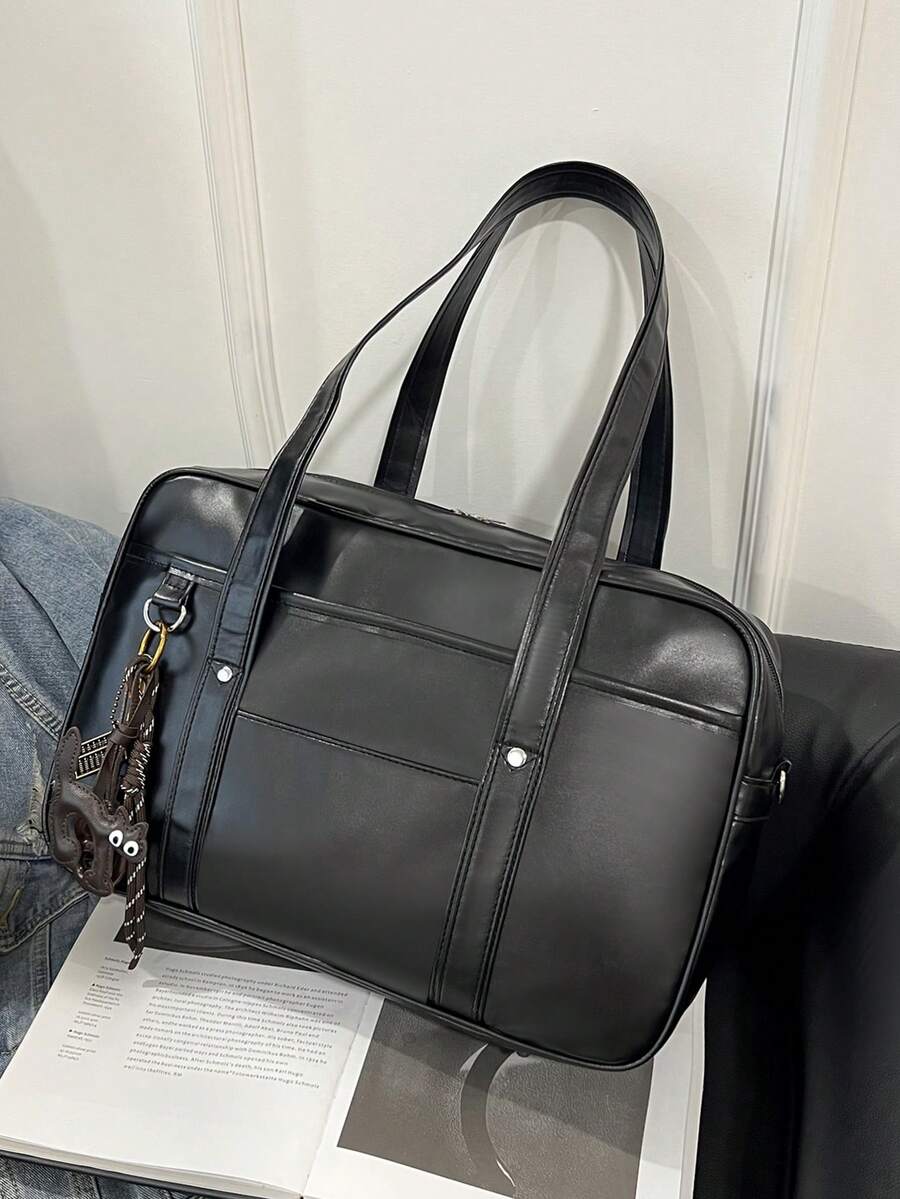 Bolso de mano minimalista de estilo oficinista, bolso de mano de mujer de moda en PU, bolso de hombro de gran capacidad de unicolor y personalizado para el trabajo - Negro - Ver 1