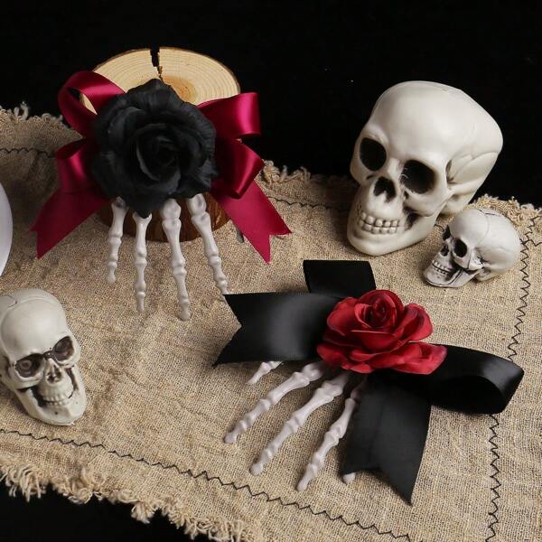 Halloween Skeleton Hand Bone Hair Clip, Horror Rose Bow Ghoul Hand Side Hairpin, Party Hair Accessory