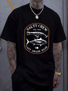 180g Pure Cotton Salty Crew Cast Smash Dash Black 2-Sided T Shirt, Men's Size Medium Graphic Comfortable Stretched Designer Clothes Stylish Soft Breathable Fashion For Women Unisex Streetwear Summer Print Round Neck Short Sleeve Casual Versatile Top For Everyday Wear Homme Slightly - 黑色 - 查看 2
