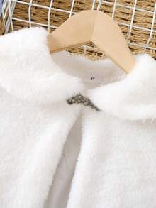 Girls' Soft Plush Turndown Collar Jacket With Cute Pom Pom Poncho Cape, Autumn/Winter