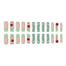 Square Press On Nails Long Fake Nails Green Sparkly Butterfly False Nails With 3D Rose Designs French Tip Nail Press Ons Glossy Acrylic Artificial Nails For Women 24Pcs - 長款-C5C47 - 查看 3