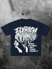 VHUTHK (220 Pure Cotton T-Shirt) Men's Summer Round Neck Short Sleeved Casual Pure Cotton Print Hand Drawn Y2k Style - 藏蓝色 - 查看 1