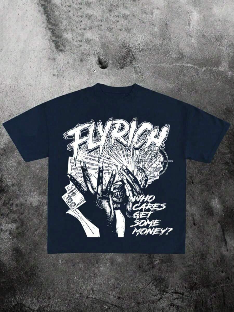 VHUTHK (220 Pure Cotton T-Shirt) Men's Summer Round Neck Short Sleeved Casual Pure Cotton Print Hand Drawn Y2k Style - 藏蓝色 - 查看 1