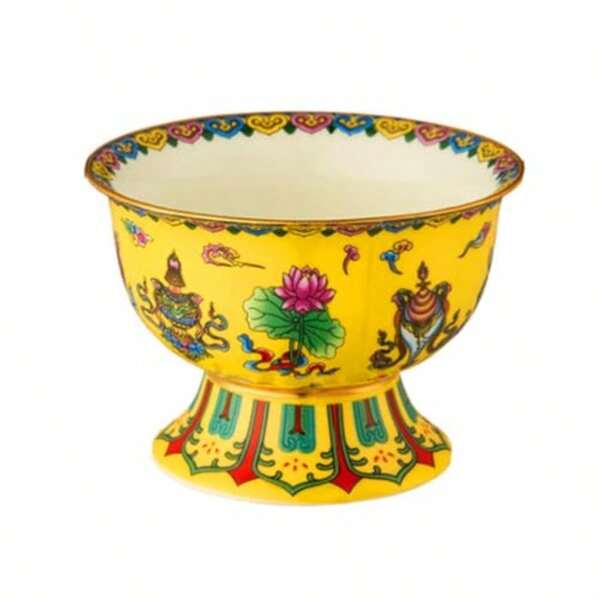 Enamel Painted Tribute Bowl MultiFunctional Buddhist Offering Bowl For Home Decoration Storage And  Unique Yellow Ceramic.5 X 9.5 Cm