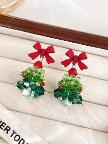 一对可爱甜美红色蝴蝶结圣诞树形耳环适合女性任何场合 - 彩色 - 查看 2