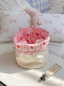 1个帆布抽绳圆筒化妆包，女士抽绳旅行化妆包，抽绳帆布水桶包，可爱碎花抽绳化妆包，大容量化妆品收纳包，旅行圆筒化妆包，洗漱包，女士帆布圆形手提包收纳包，手提包钱包收纳包，圆形化妆袋，水桶形化妆包 - 彩色 - 查看 7