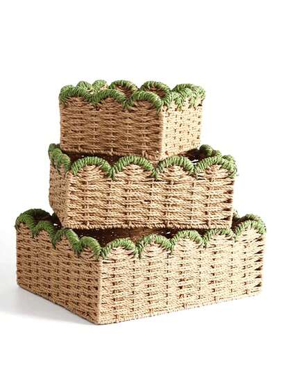 3pcs (S+M+L)/1set Khaki Woven Bohemian Style Desktop Storage Baskets Set, Suitable For Snacks, Cosmetics, Toys And Other Household Items, Applicable For Coffee Table Or Key Basket, Desktop Decor Woven Storage Basket, Entryway Living Room Organizer Box, Toy And Snack Storage Box