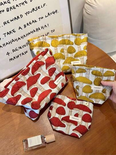 1pc Cute Mushroom Print Cosmetic Bag | Makeup Bag Set | Ladies Portable Makeup Bag | Ladies Organizer Bag | Travel Toiletry Bag | Makeup Tool Storage Bag |, Coin Purse, Lipstick, Makeup Accessory Organizer Bag, For Wedding And Party, Makeup Bag, Teen Girl Gift, Travel Toiletry Bag, 3D Heart Pattern Cosmetic Bag, Ladies Portable Makeup Bag
