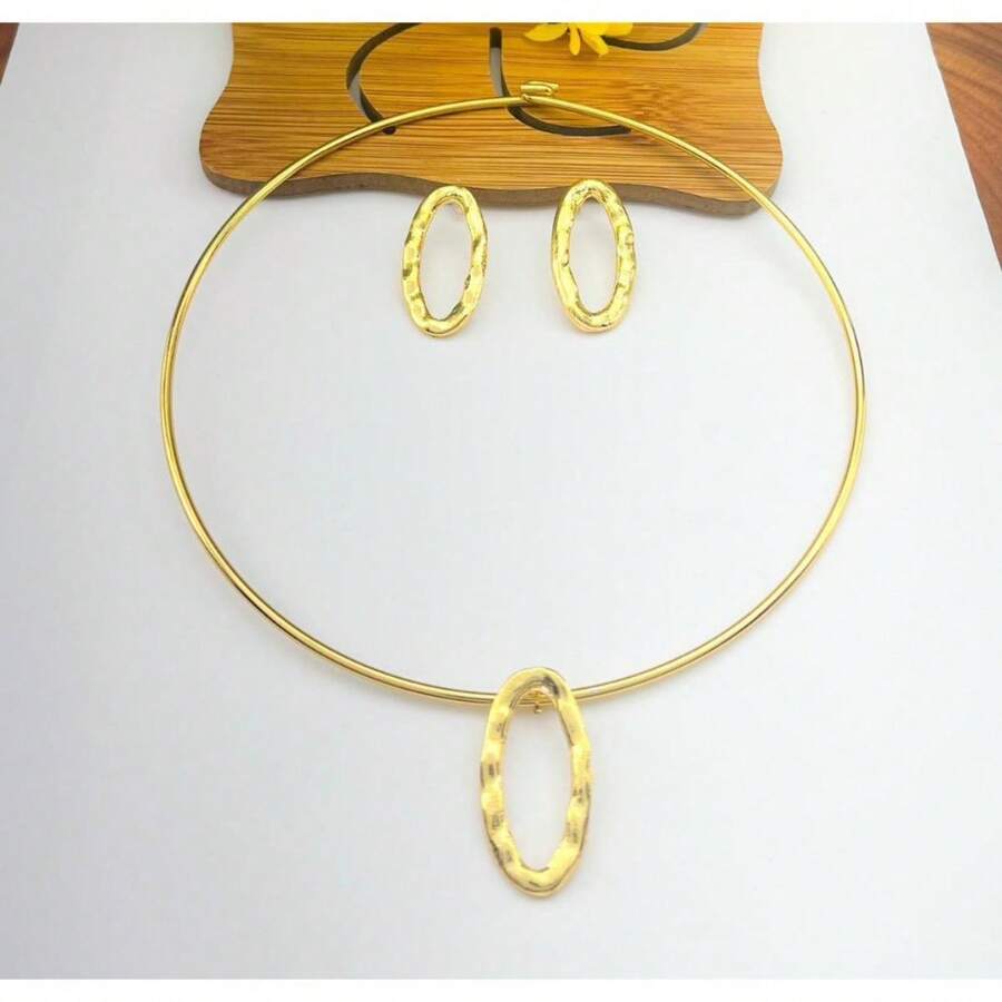 Hoop Choker Necklace With Fashion Earring In Various Models - Óvalo orgánico dorado - Ver 1