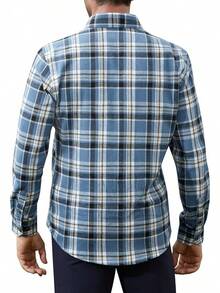 Mens Flannel Shirts Long Sleeve Dress Shirts For Men Casual Button Down Big And Tall Button Up Shirt - 藍白格子 - 查看 3