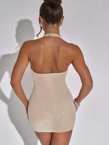 ZIAI 2025新款性感露背吊带褶皱扭结修身迷你连衣裙，时尚欧式风格，适合海滩、晚宴等场合，优雅迷人。 - 卡其色 - 查看 7