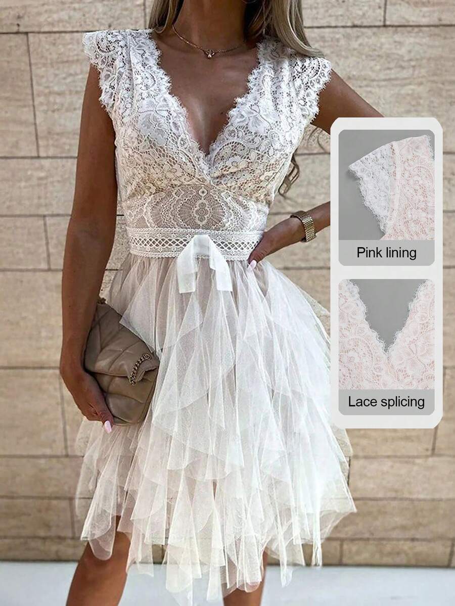 Đầm ngắn cổ chữ V sâu dáng suông mùa xuân Look Polly dành cho nữ, chất liệu ren, màu trơn, gợi cảm, phù hợp cho hẹn hò, tiệc tùng và các trang phục mùa hè thanh lịch. - trắng - Xem 1