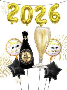 10pcs 2026 Happy New Year Balloons, 16 Inch Gold 2026 Number Shaped Balloons, Large Happy New Year Wine Bottle & Wine Glass Foil Balloons, Suitable For New Year Celebration Background Decor, Christmas Decoration