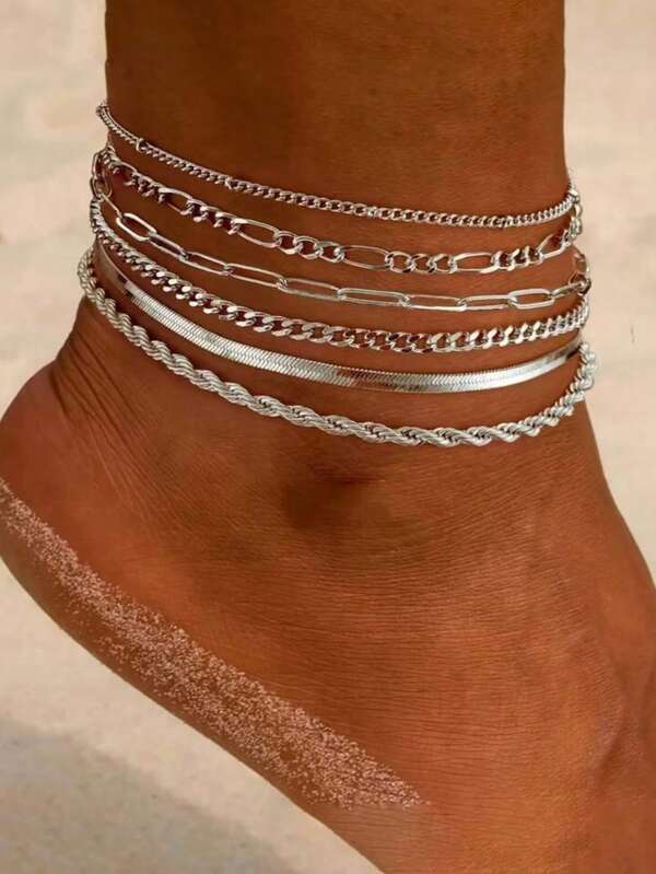 5pcs Fashionable High-End Stainless Steel Anklets, Suitable For Women's Travel, Outings And Birthday Gifts