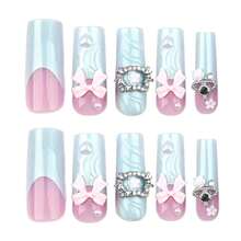 Long Square Press On Nails French Tip Fake Nails Blue False Nails With 3D Flower Bow Heart Designs Long Square Glue On Nails Sparkly Artificial Nails Cute Stick On Nails For Women 24Pcs - 長款-C5C34 - 查看 2