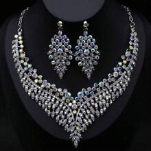 2 Stücke Frauen Luxus elegantes Strass Halsketten und Ohrringe Set, glamouröser Braut Hochzeit Schmuck, direkt ab Werk - Anzug - Übersicht 15