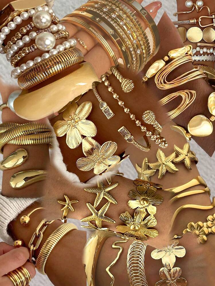 21/16/10/5pcs Fashion Elegant Vintage Design Colorful Resin Flower, Pearl, Rhinestone, Geometric, Pleated, Knotted, Glossy, Chunky Bracelet Set, Suitable For Holiday, Party, Gift, Daily Wear (Random Delivery) - Multicolor - View 13