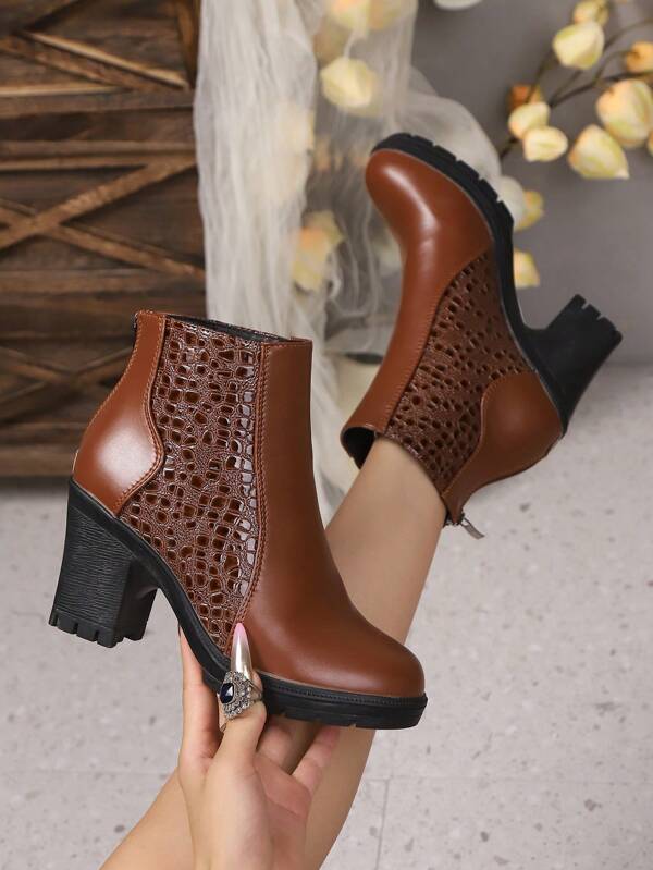 Women's Brown Short Boots, 2025 Autumn/Winter New Style, Round Toe Leather Solid Animal Print Patchwork Back Zipper High Heel Short Boots, Boots, Outdoor Daily Versatile Fashion Boots, Brown Boots, Plus Size Women Boots