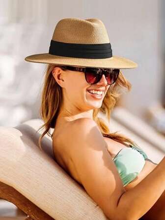 1pc Unisex Wide Brim Straw Panama Hat, Summer Beach Sun Hat, High Quality, Solid Color, Elegant, Casual, Bohemian, Vintage, Street Style, Suitable For Spring And Summer