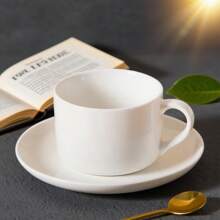 1/2 Set Ceașcă de cafea albă pură de 7oz cu farfurie și lingură, Design minimalist, Ceașcă de cafea ceramică elegantă europeană, Ceașcă de cappuccino, Ceașcă de porțelan negru, Potrivită pentru ceai, espresso, latte și mocha