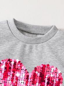 Tween Girls' Heart Print Crew Neck Casual Sweatshirt And Flare Pants Set - 灰色 - 查看 3