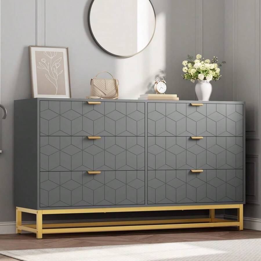 ShiningLove Drawer Dresser With Gold Metal Legs, Grey Stylish Storage Chest For Bedroom, Closet Or Living Room - Tủ quần áo 6 ngăn kéo màu xám (lớn hơn) - Xem 1