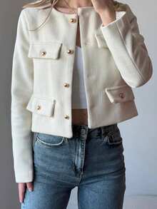 1 件纯色梭织面料口袋前扣女士常规款夹克，适合秋冬季办公室穿着